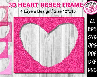 3D Valentines Pink Heart Roses Multi-layered Photo Frame Design Love Flowers Papercut SVG Wedding Clipart Cut Files