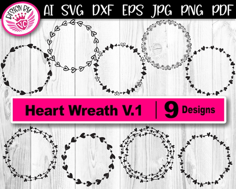 Heart Wreath V-1 Circular Wreath Monogram Clipart Instant Digital Download SVG cut files for Creative DIY Projects, Cricut & Silhouette image 1