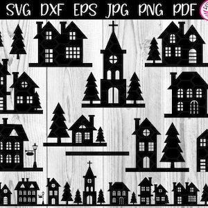 Scena degli edifici notturni di Natale SVG Silhouette Design Clipart Set Decor Ornamenti per progetti creativi fai da te, file di taglio in vinile