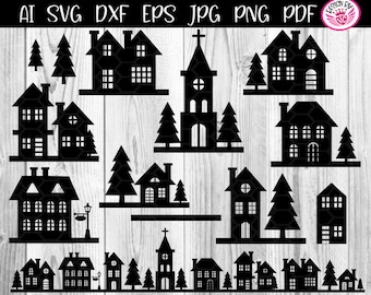 Christmas Night Buildings SVG Silhouette, DIY Decor (Digital Download)