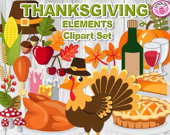 Thanksgiving Clipart Stickers, Turkey, Pumpkin, Fall Elements (SVG, PNG, PDF)