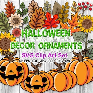 Conjunto de imágenes prediseñadas SVG de adornos de decoración de Halloween, descarga digital, archivos cortados con láser, diseño de imágenes prediseñadas de calabazas, hojas y flores de otoño