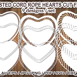 9 Designs Twisted Cord Seil Stil Herz Form Border Rahmen SVG Clip Art Cut Dateien