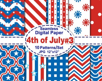 4th of July Digital Paper Set 3 - Red White and Royal Blue American Flag Theme Color Seamless Pattern Set