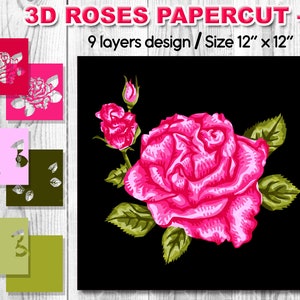 3D Valentine Roses Multi-camadas Design Flores Papercut SVG Clipart Download digital Projetos DIY criativos Arquivos cortados