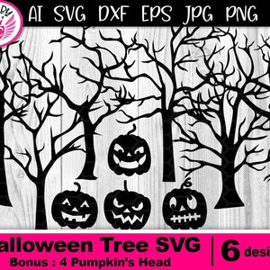 Halloween Ghost Tree SVG with Bonus 4 Pumpkin&#39;s Heads | Digital Download Creative DIY Vinyl Cut Files Silhouette Clipart Design Ornaments