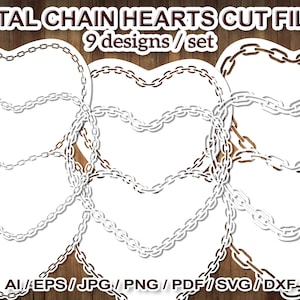 9 designs simples corrente de metal estilo coração molduras de borda arquivos de corte de clip art SVG