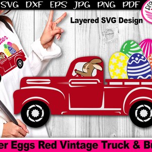 Easter Bunny & Eggs on Red Vintage Truck Clipart Layered SVG Design Elements Laser Cut Files