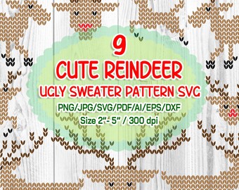 Christmas Reindeer Ugly Sweater Pattern, SVG Clipart (Digital Download)