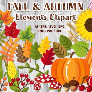 Herbst & Herbst Elemente SVG Set, Sonnenblume, Eichel, Eiche, Ahornblätter, Mais, Ernte Saison Clipart für DIY Handgemachte Bastelprojekte