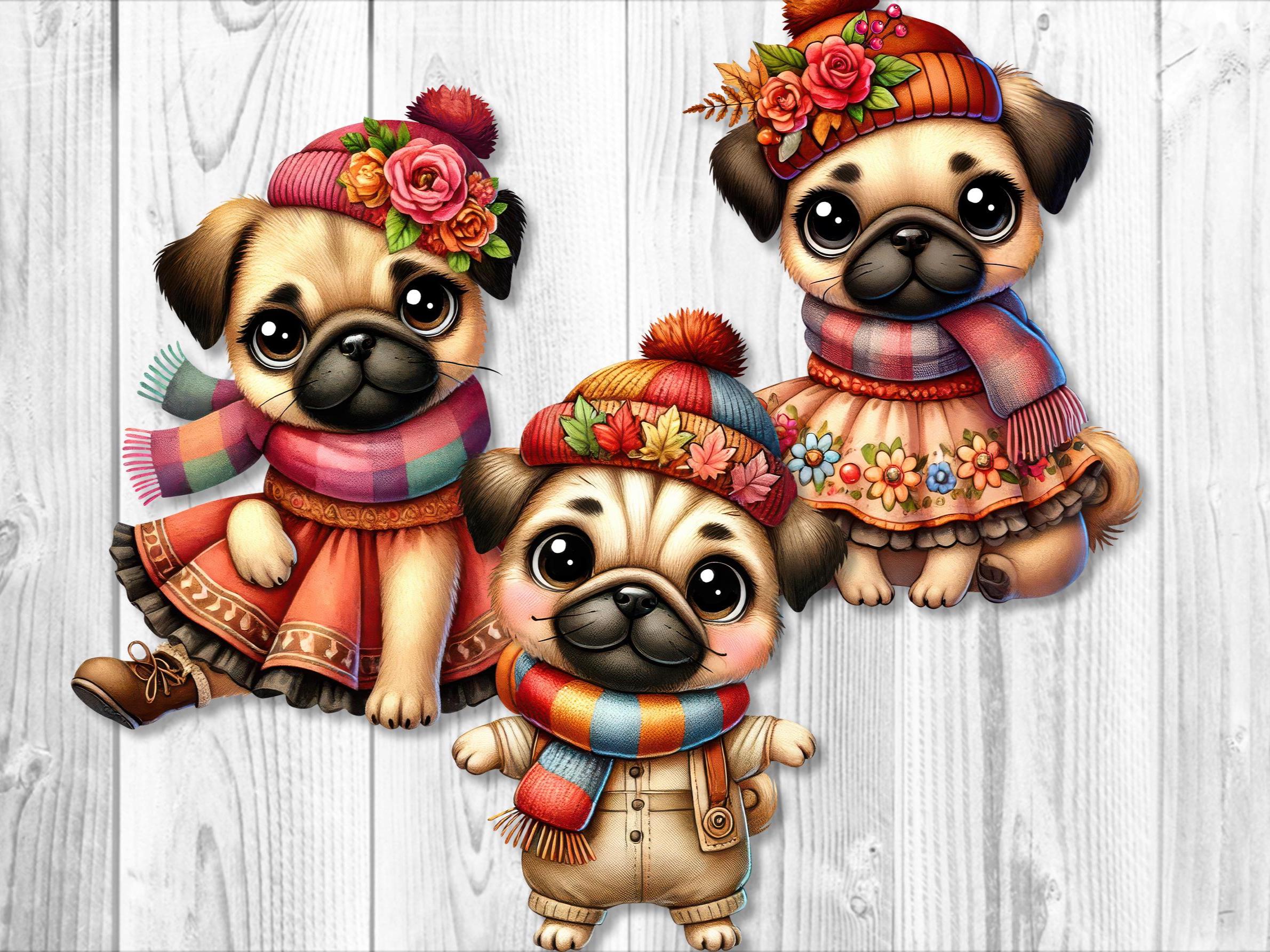 Cute Autumn Pug Clipart, Fall Dog PNG Bundle, Cozy Puppy Sublimation ...