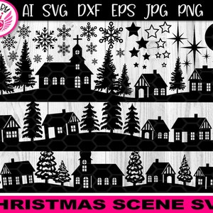 Scena di Natale SVG Silhouette Design Clipart Set Decor Ornamenti Download digitale per progetti creativi fai da te, file di taglio in vinile