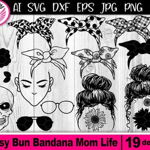 Messy Bun Bandana Maman Vie SVG | Téléchargement numérique instantané pour les projets de bricolage créatifs, fichiers découpés en vinyle, éléments de conception Silhouette Clipart