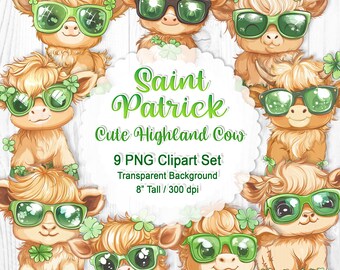 St. Patrick's Highland Cow Clipart, Watercolor PNG Set (Digital Download)