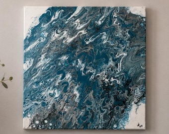 Peinture abstraite bleue originale, 14 x 14 acrylique pour coulée d'art, décoration murale côtière, Art fluide moderne