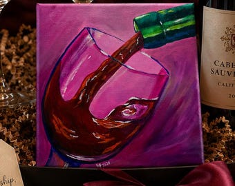 Cuadro original de vino / Acrílico sobre lienzo de 8x8 pulgadas / Arte mural para amantes del vino / Decoración para cocina y comedor