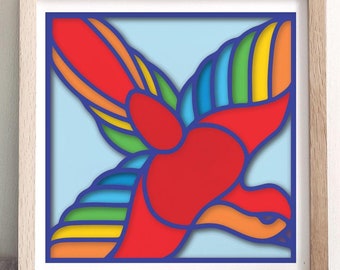 3D-vogel regenboog gebrandschilderd glas SVG, gelaagde schaduwbox kleurrijke vliegende vogel landschap lente zomer gesneden bestand ontwerp Cricut silhouet