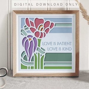 Caixa de sombra floral 3D Love SVG Flores de casamento Versículo da Bíblia Vitral SVG, design de arquivo de corte de primavera e verão em camadas para Cricut Silhouette