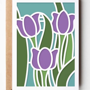 Tulpenkaart SVG Pasen of verjaardag voor haar, vintage bloemen gelaagde lente wenskaart, bloemen karton project gesneden bestand ontwerp Cricut
