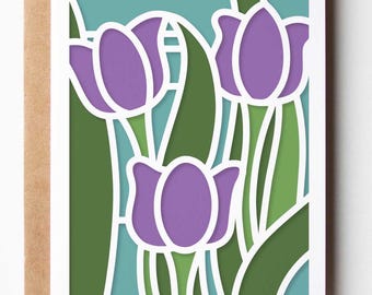 Tulpenkaart SVG Pasen of verjaardag voor haar, vintage bloemen gelaagde lente wenskaart, bloemen karton project gesneden bestand ontwerp Cricut