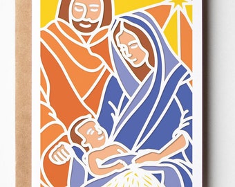 Geboorte kerst SVG, religieuze kerst gebrandschilderd glas papercut kaart Mary Joseph Baby Jesus stabiel gesneden bestand ontwerp voor Cricut silhouet