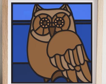 3D uil gebrandschilderd glas SVG, gelaagde Shadowbox vogel natuur landschap herfst herfst Papercut Halloween gesneden bestand ontwerp voor Cricut silhouet
