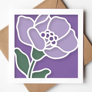 Tarjeta SVG floral con diseño de flores de vidrio de colores vintage violeta en capas, para cualquier ocasión, tarjeta de felicitación SVG con corte de papel 3D, Papercraft SVG, Cricut
