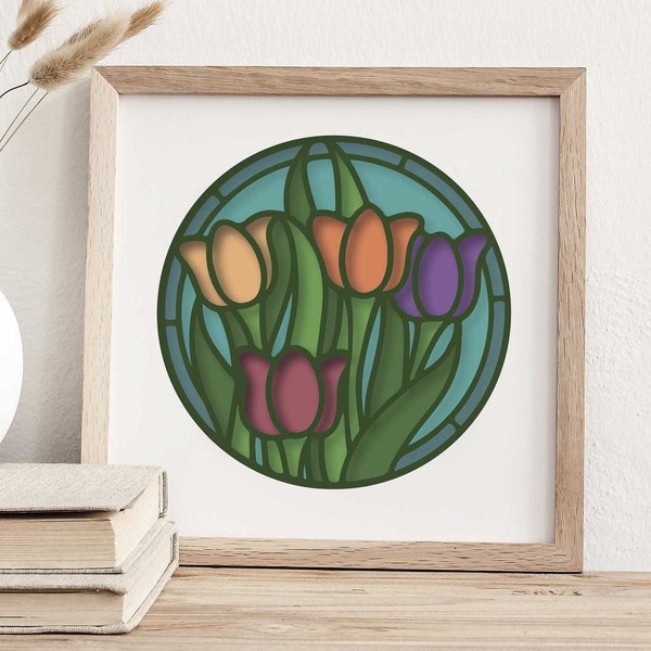 3d Tulips Stained Glass SVG, Vintage Floral Layered Shadow Box, Botanical Nature Flowers Shadowbox, Spring Leaves Cut File Design for Cricut