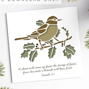 Cartão de pássaro de Natal SVG, escritura religiosa cristã, galho de árvore, camada de papel, cartão de felicitações, verso da Bíblia, design de arquivo de corte para Cricut