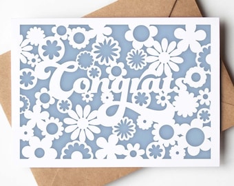Congrats Card SVG, Retro Flower Congratulations Papercut Greeting Card, Wedding, Baby Shower Boho Cut File Design for Cricut Silhouette