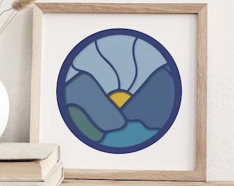 3D Mountains SVG, Stained Glass Layered Nature Landscape Shadow Box, Mountain Sun Lake Scene Cut File Shadowbox for Cricut, Silhouette