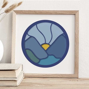 3D Mountains SVG, Stained Glass Layered Nature Landscape Shadow Box, Mountain Sun Lake Scene Cut File Shadowbox for Cricut, Silhouette