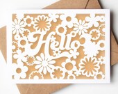 Hello Card SVG, Retro Flower Papercut Spring Greeting Card, Any Occasion Boho Cut File Design for Cricut Silhouette