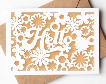 Hello Card SVG, Retro Flower Papercut Spring Greeting Card, Any Occasion Boho Cut File Design for Cricut Silhouette