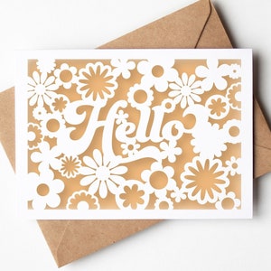 Hallo Karte SVG, Retro Blumen Papierschnitt Frühling Grußkarte, jede Gelegenheit Boho Cut Datei Design für Cricut Silhouette