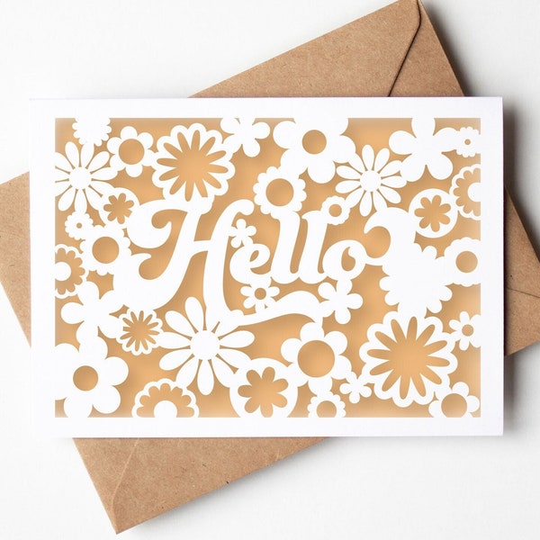 Hello Card SVG, carte de vœux printanière Retro Flower Papercut, toute occasion Boho Cut File Design pour Cricut Silhouette