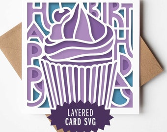 Birthday SVG Card Layered Cupcake Happy Birthday Cut File Design, Bday 3D Papercut SVG Greeting Card, Papercraft SVG, Cricut