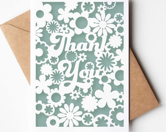 Thank You Card SVG, Retro Flower Power Papercut Greeting Card Boho style Cut File Design for Cricut Silhouette