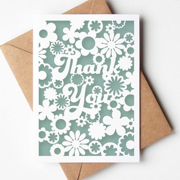 Thank You Card SVG, Retro Flower Power Papercut Greeting Card Boho style Cut File Design for Cricut Silhouette