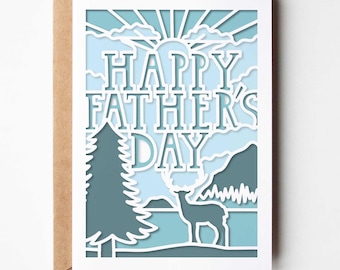 Tarjeta del Día del Padre SVG, papel recortado con capas de paisaje de montaña al aire libre para papá, diseño de cartulina para Cricut Silhouette