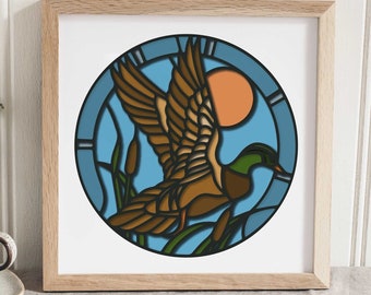 3D Duck Flying gebrandschilderd glas SVG, gelaagde Shadowbox Vintage natuur landschap Cattails Papercut jacht gesneden bestand ontwerp voor Cricut silhouet
