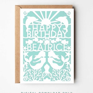 Carte d'anniversaire sirène SVG, nom personnalisé mignon océan dauphin Bday carte de voeux pour fille, fille, nièce coupe fichier Cricut, Silhouette