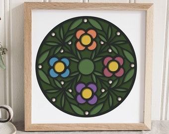 3D Flower Mandala Stained Glass SVG, Layered Shadowbox Vintage Botanical Spring Summer Papercut Boho Cut File Design for Cricut Silhouette