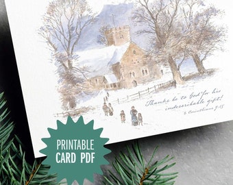 Printable Christmas Church Card, Digital Download, Religious Christian Scripture Vintage Watercolor Card PDF