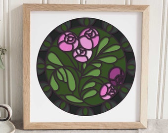 3D Roses Vintage Stained Glass SVG, Layered Shadowbox Cardstock Botanical Spring Summer Papercut Boho Cut File Design for Cricut Silhouette