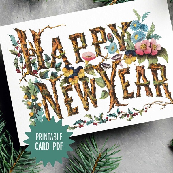 Printable Happy New Year Card, Digital Download, Vintage Botanical Woodland Floral Lettering Watercolor Card PDF