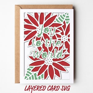 Tarjeta navideña SVG, Poinsettia Joy to the World, tarjeta de felicitación recortada en papel en capas, diseño de archivo de corte floral para Cricut Silhouette
