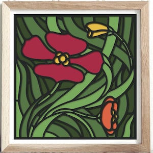 3D klaproos bloemen gebrandschilderd glas SVG gelaagde Shadowbox Vintage esthetische bloemen natuur lente zomer Papercut Boho gesneden bestand Cricut silhouet