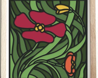 3D klaproos bloemen gebrandschilderd glas SVG gelaagde Shadowbox Vintage esthetische bloemen natuur lente zomer Papercut Boho gesneden bestand Cricut silhouet