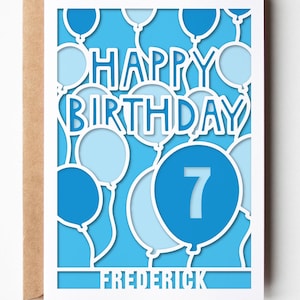 Ballons bleus carte SVG, joyeux anniversaire âge personnalisé nom carte de voeux en couches papercut, pour garçon fille fichier coupe personnalisé Design Cricut